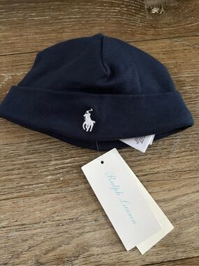 NWT Ralph Lauren Navy Beanie with White Polo Pony baby